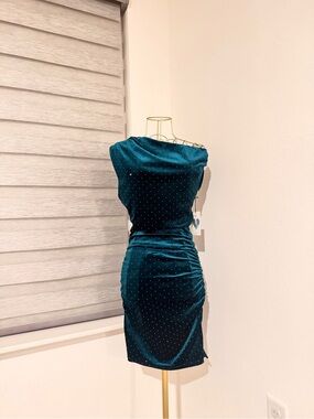 Teal Velvet Ruched One-Shoulder Dress with Rhinestone Detail